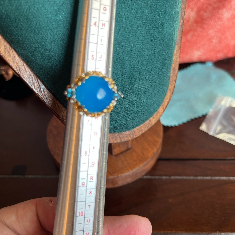 925 Silver w/ 18k overlay Blue Chalcedony w/Blue Topaz Accents Dome Ring Sz 7 - Picture 4 of 6